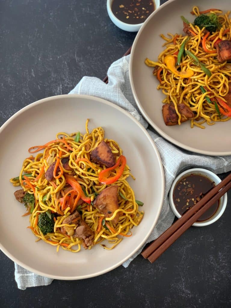 plated Guyanese chicken chow mein