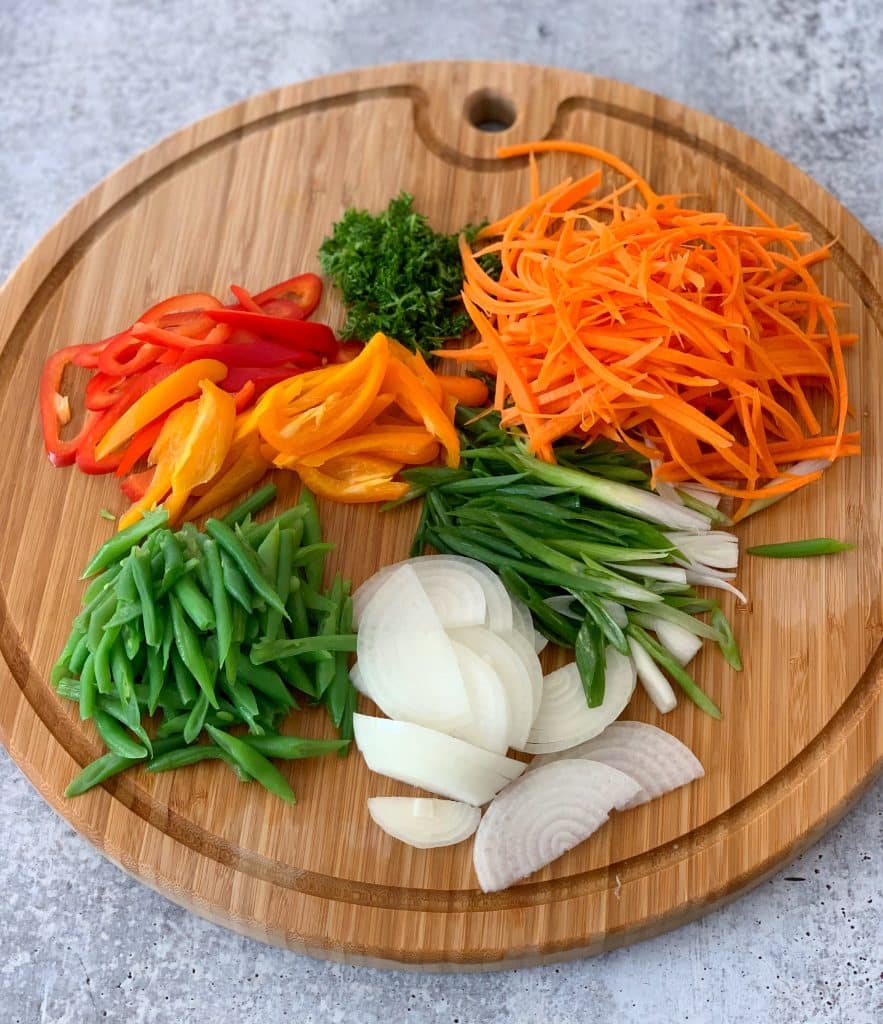 an assortment of veggies for the chow mein stir fry