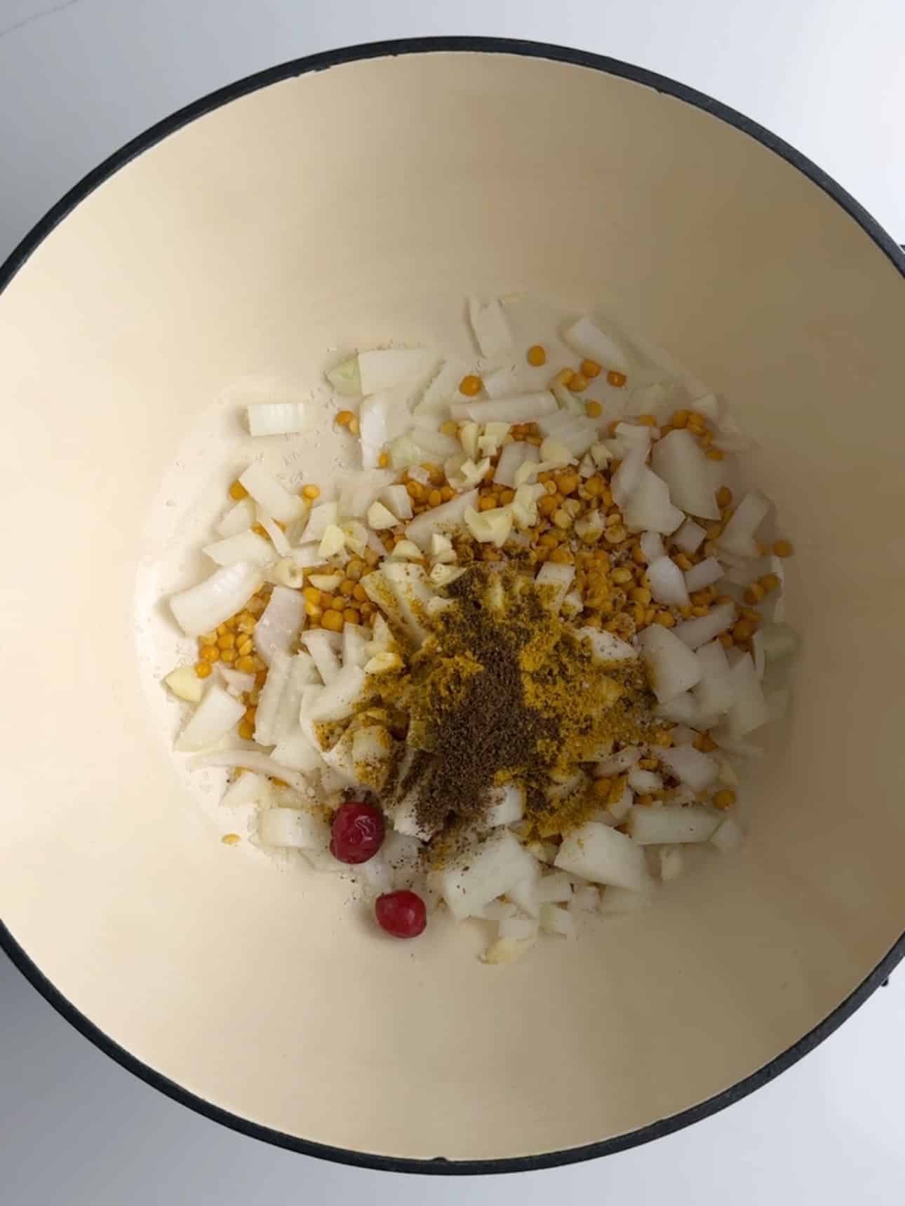 Ingredients for dhal in a stock pot before adding water.