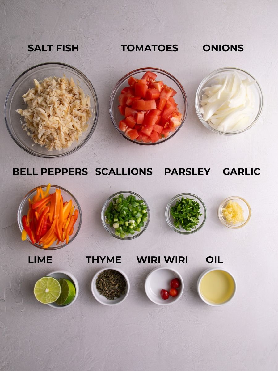 Sautéed salt fish ingredients measured out and labeled.