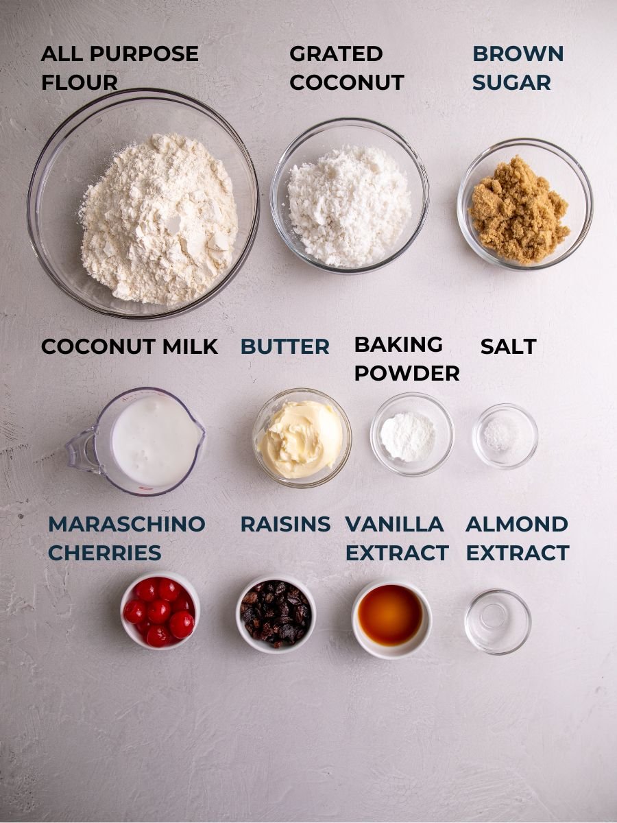 Coconut buns ingredients measured out and labeled