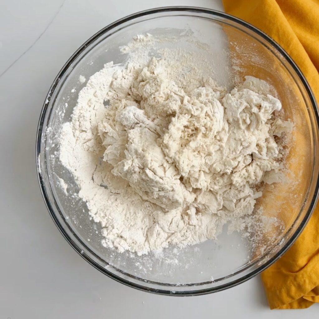 adding small amounts of water to flour in a large mixing bowl