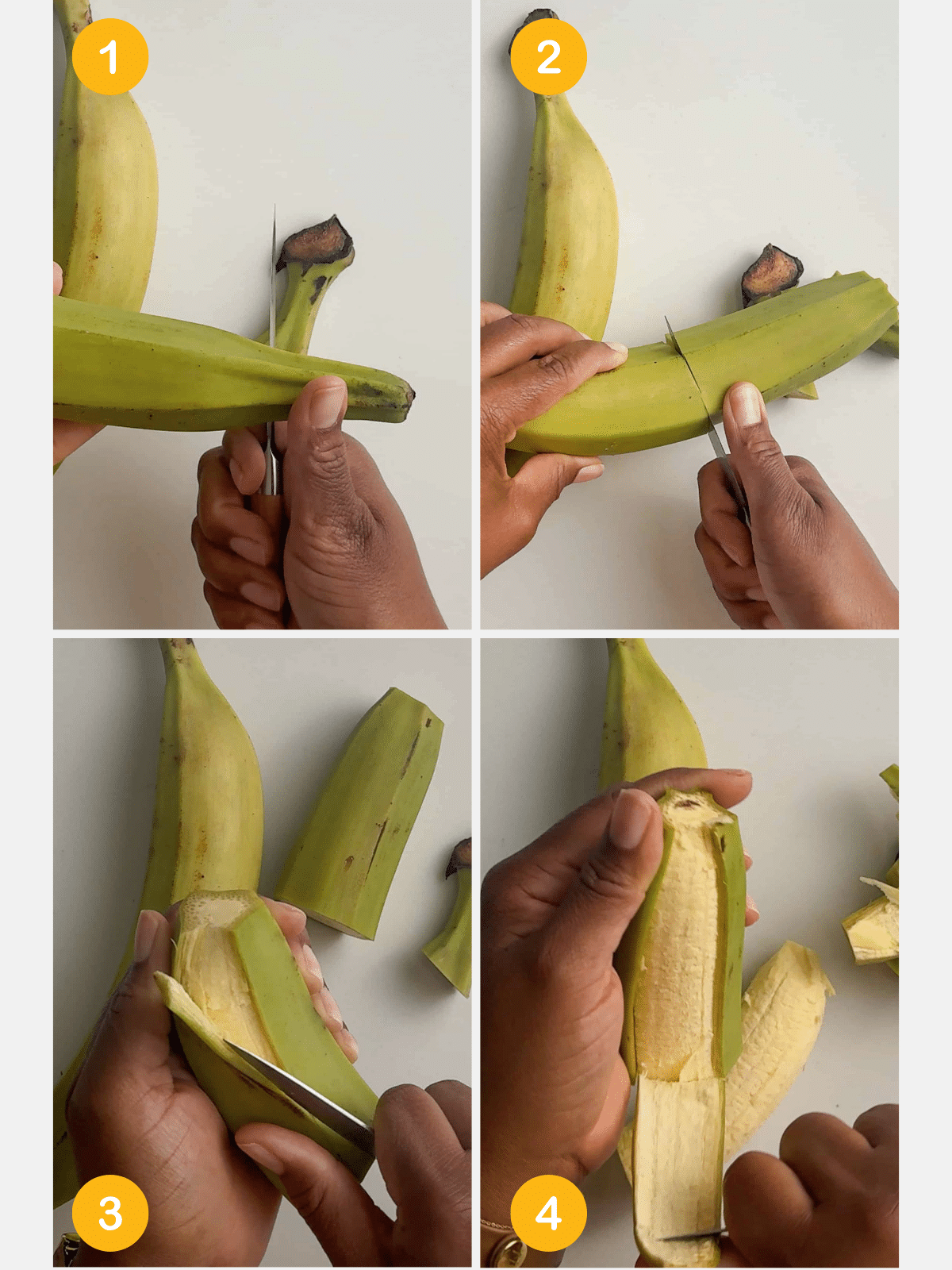 step-by-step process for peeling green plantains