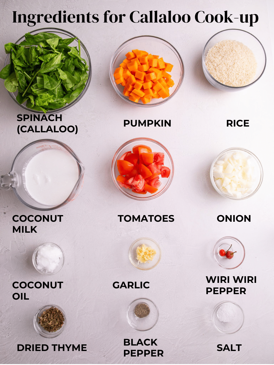 A clean, overhead layout of ingredients for Callaloo Cook-up Rice arranged in small bowls on a light background. The ingredients include fresh spinach (labeled callaloo), diced pumpkin, uncooked white rice, coconut milk in a measuring cup, chopped tomatoes, chopped onion, coconut oil, minced garlic, whole wiri wiri peppers, dried thyme, black pepper, and salt. Each ingredient is neatly labeled in bold text beneath its bowl.