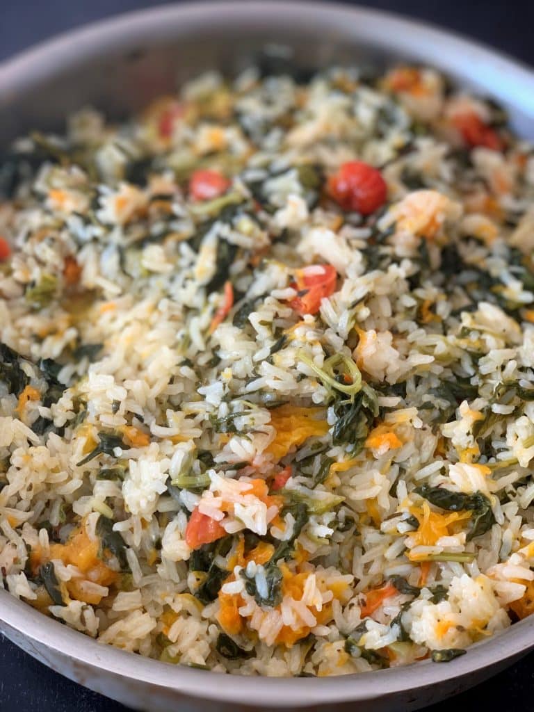 close up view of callaloo cook-up rice