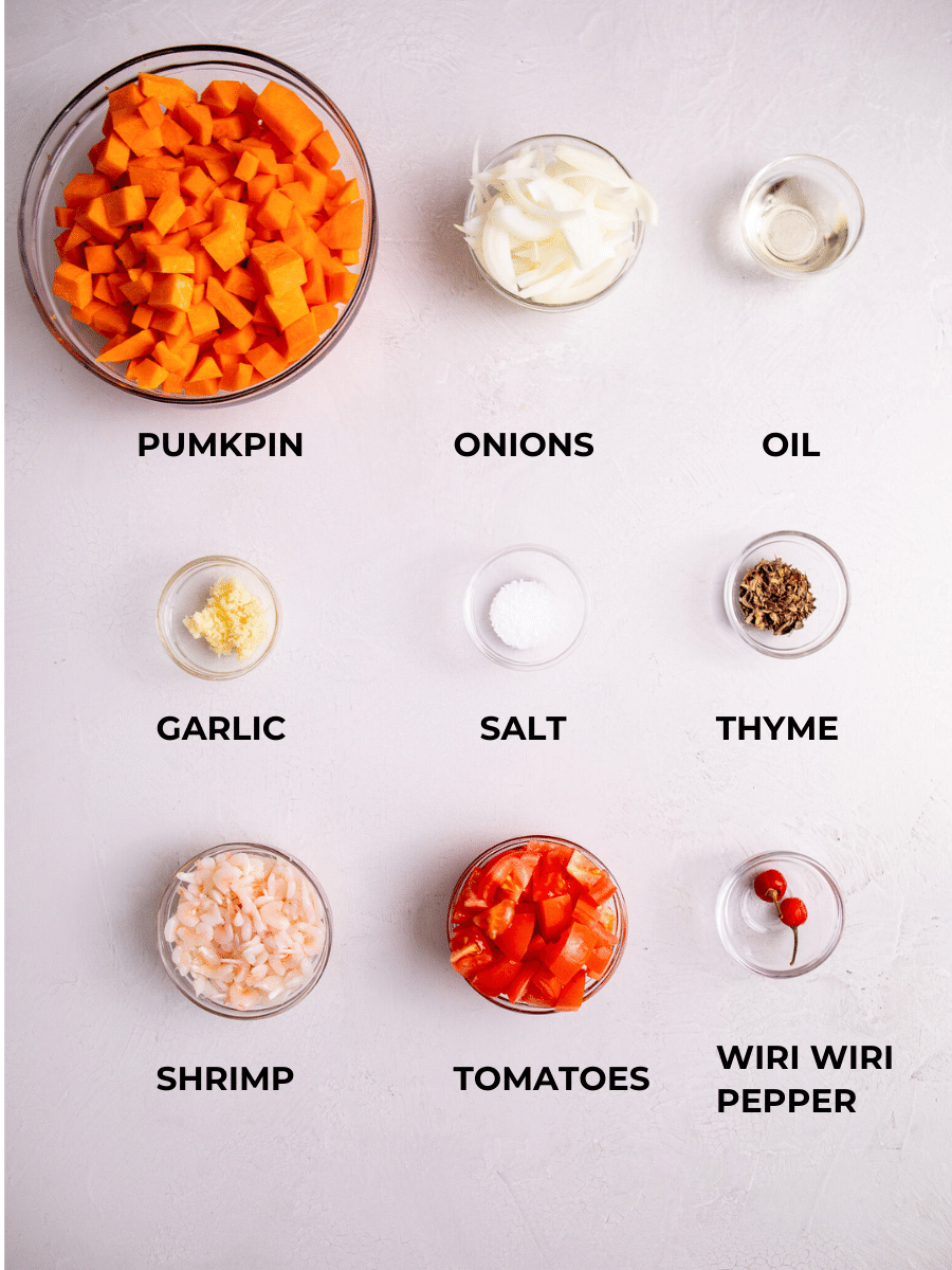 Ingredients for Guyanese Pumpkin measured out and labeled