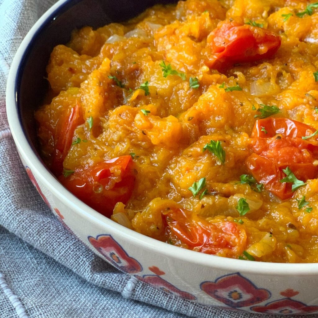 close up view of Sautéed Pumpkin and Tomatoes 