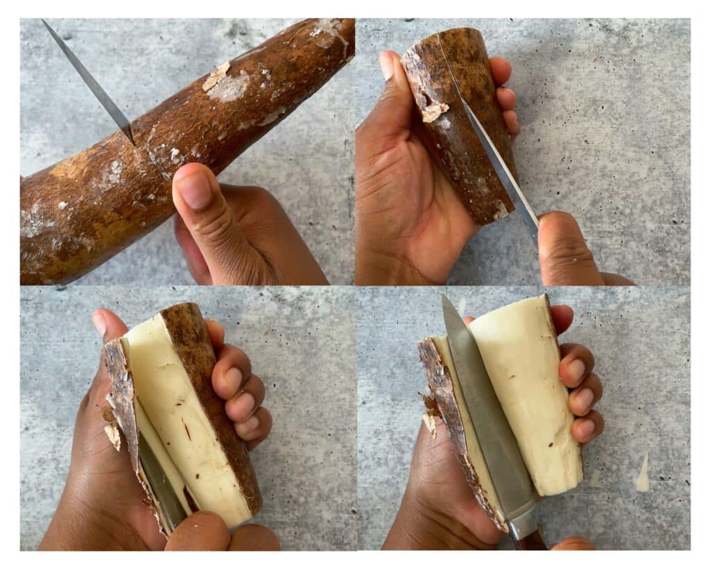 4 step visual showing how to slice cassava