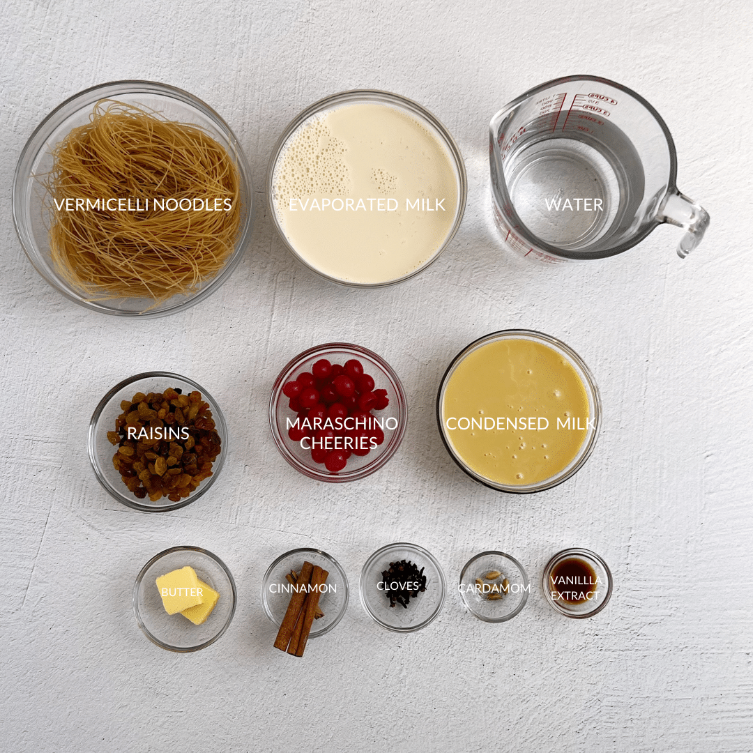 Ingredients for vermicelli cake in glass bowls. Ingredient labels in white placed in the center of the bowls