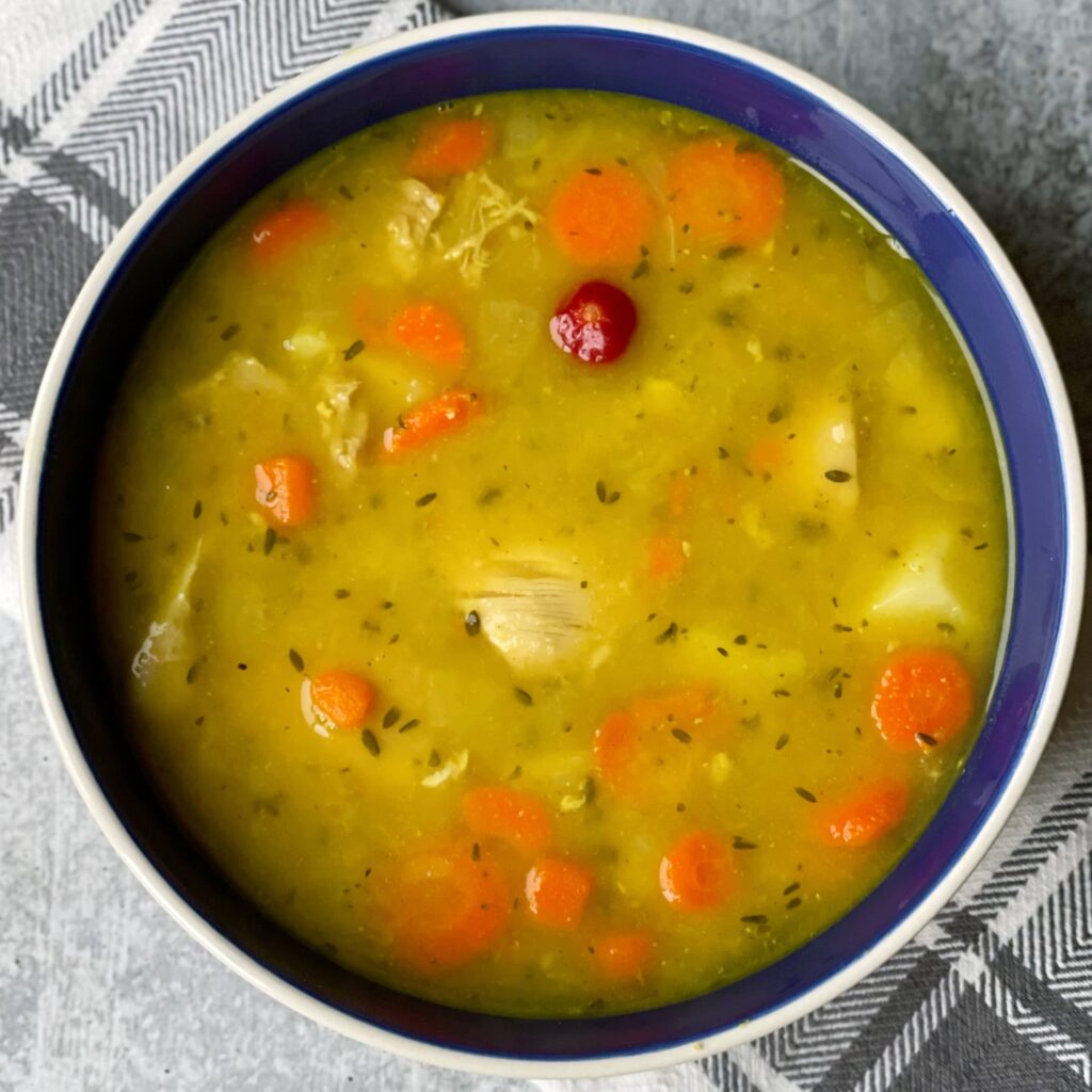overhead view of a bowl of Chicken Split Pea Soup