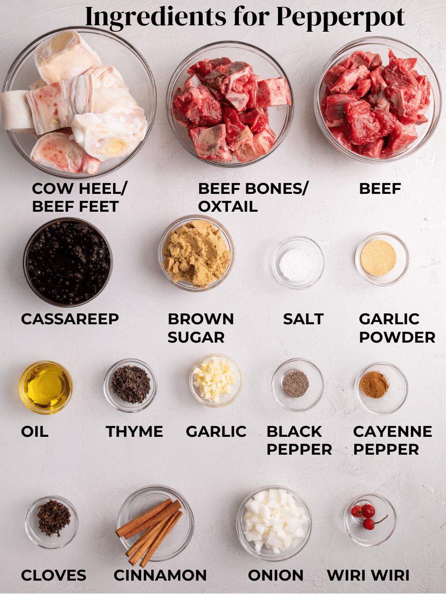 Ingredients for Pepperpot Measured out and labelled on a cream textured background.