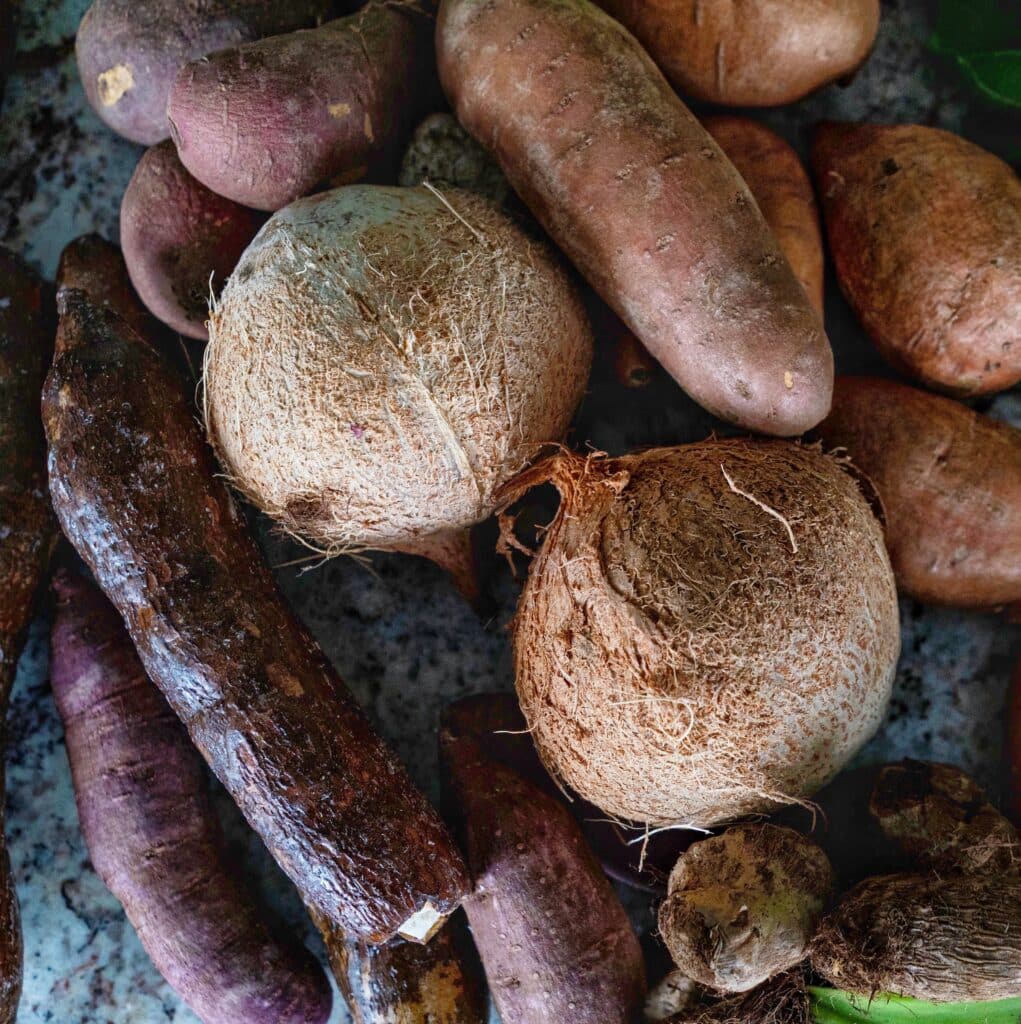 ground provisions and brown coconuts for stew