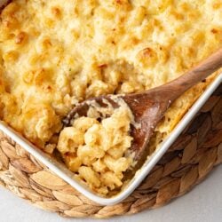 Close-up of a wooden spoon lifting creamy 5 cheese mac and cheese from a baking dish