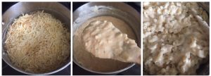 3 step visual showing how to make cheese sauce for baked macaroni and cheese