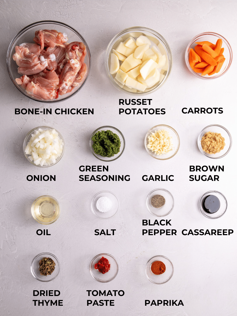 Ingredients for Guyanese Chicken Stew measured out and labelled. 
