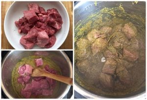 3 image visual of chuck roast beef added to curry paste in instant pot