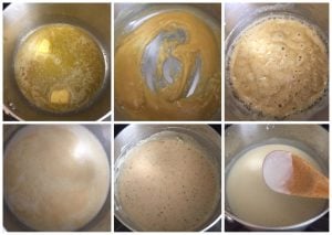 6 step visual showing how to make roux for 5 cheese mac and cheese