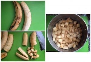 3 step visual showing how to peel plantains