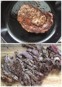 two images displaying steak in a skillet and chopped steak on a cutting board