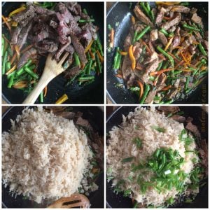 4 step visual showing how to make steak and asparagus fried rice