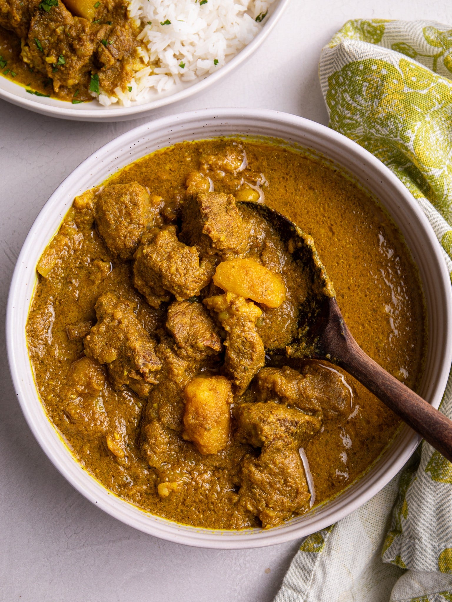 Instant Pot beef curry with potatoes served Guyanese style with white rice
