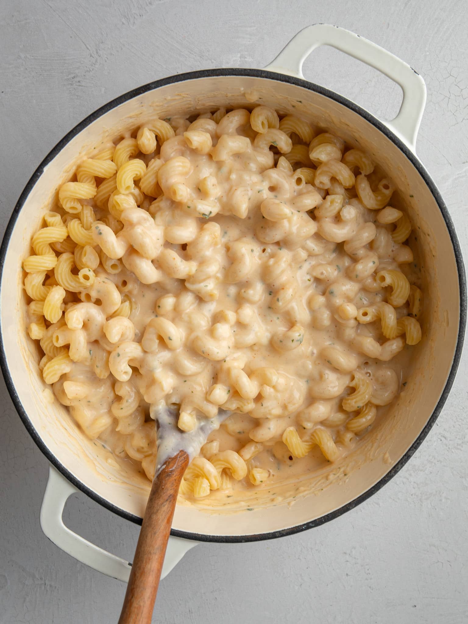 Cavatappi coated in creamy 5 cheese sauce in a Dutch oven