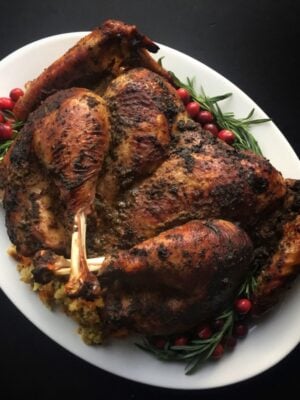 Roasted Jerk Turkey on a platter ready for Thanksgiving
