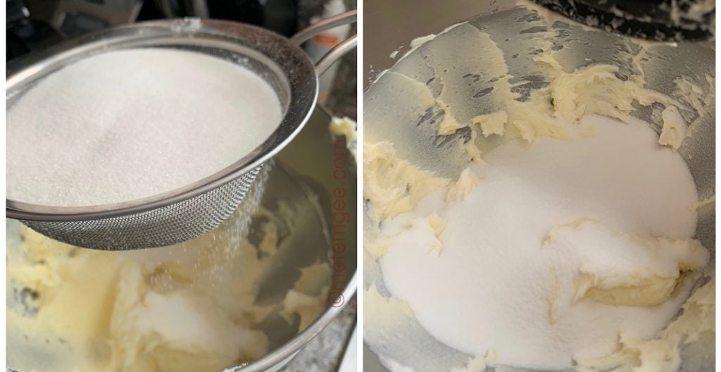 sifting sugar into creamed butter