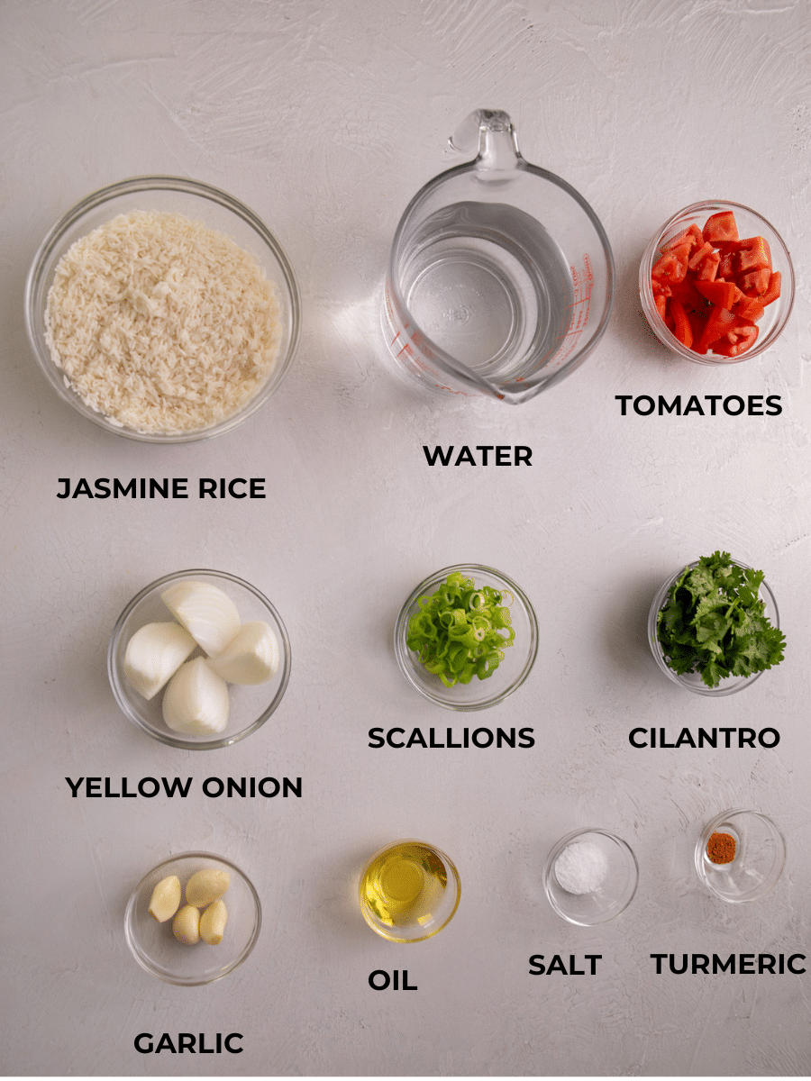 Ingredients for yellow rice, measured out and labelled.