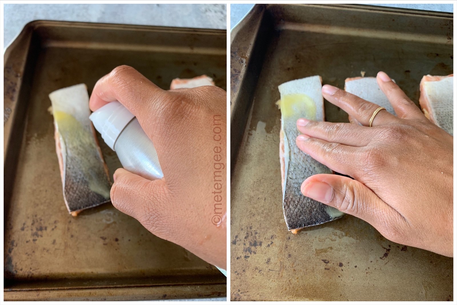 side by side images showing how to apply cooking spray to the skin side of salmon filets on a baking sheet