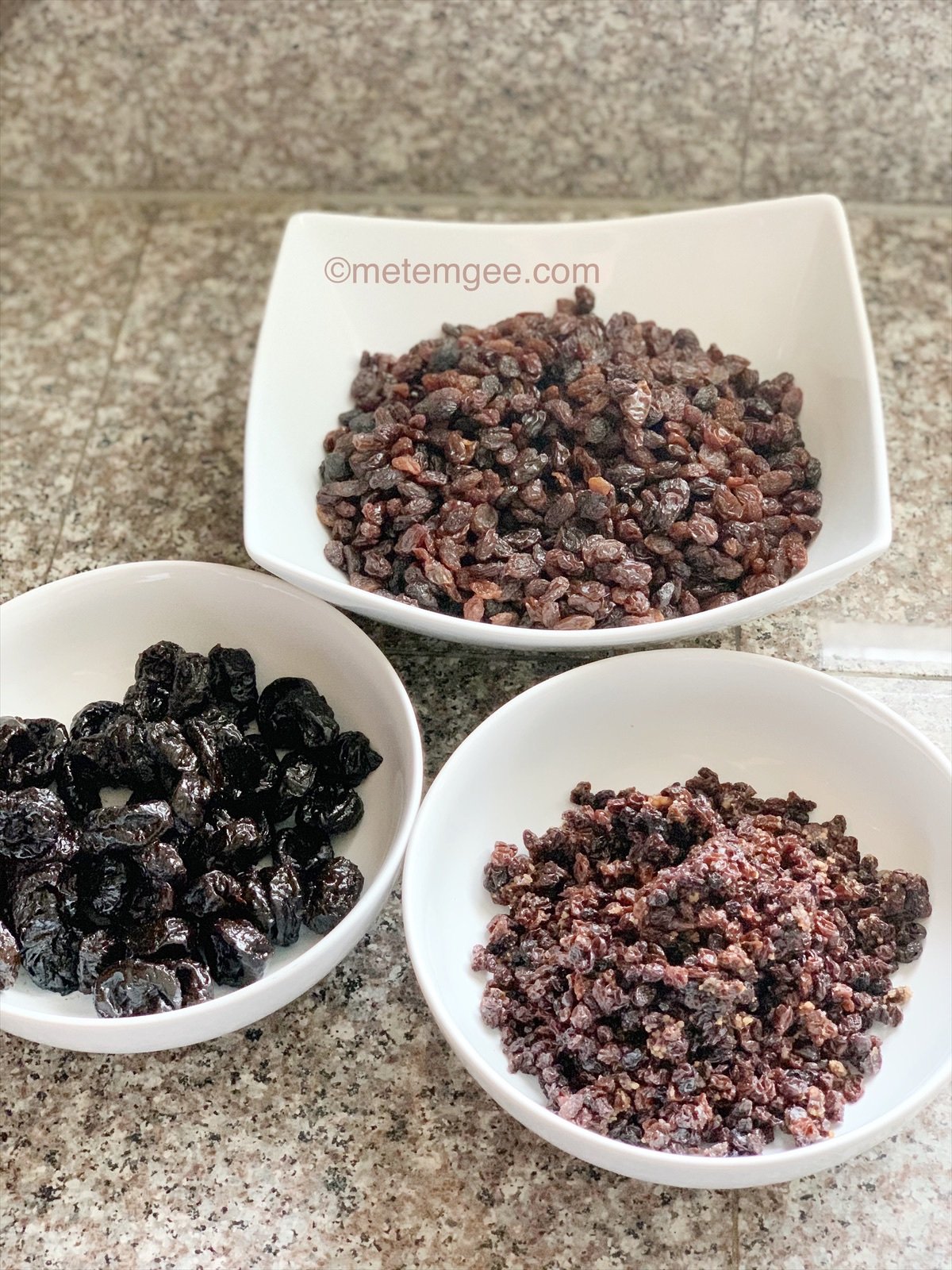 three bowls of dried fruits for soaked fruits recipe