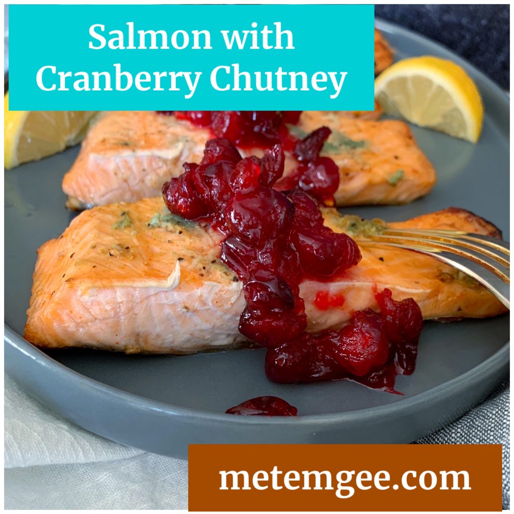 plated broiled salmon with cranberry chutney