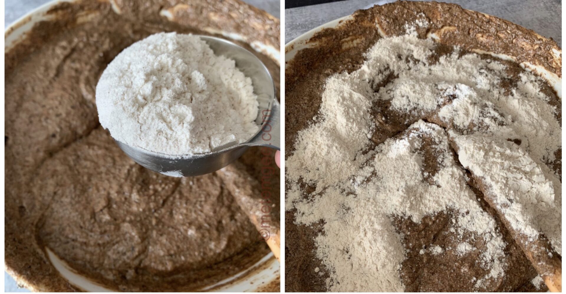 side by side images adding flour for Guyanese black cake recipe