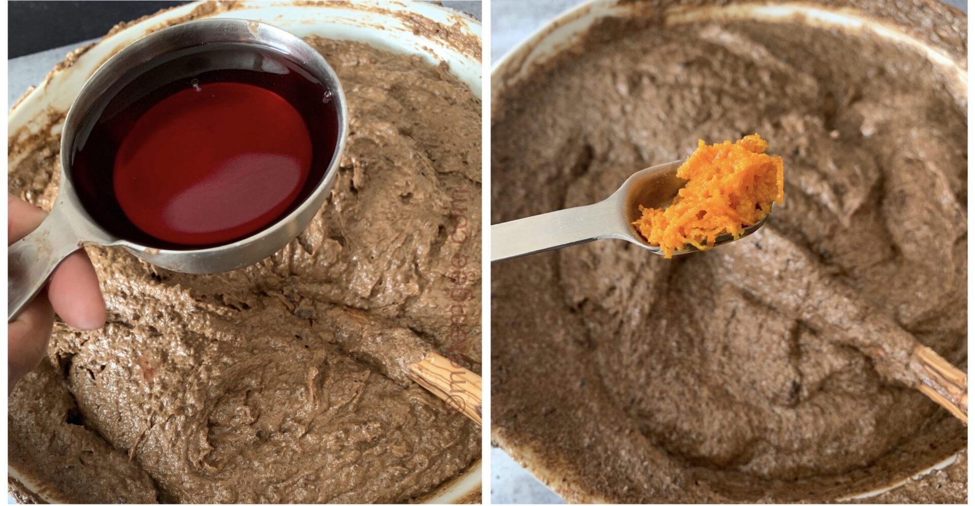 side by side images adding wine and orange zest to Guyanese black cake batter