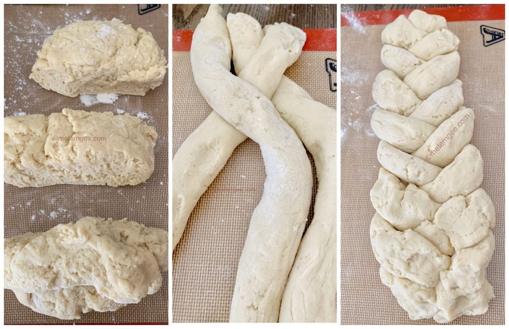 3 step visual showing how to form plait bread using gluten free dough