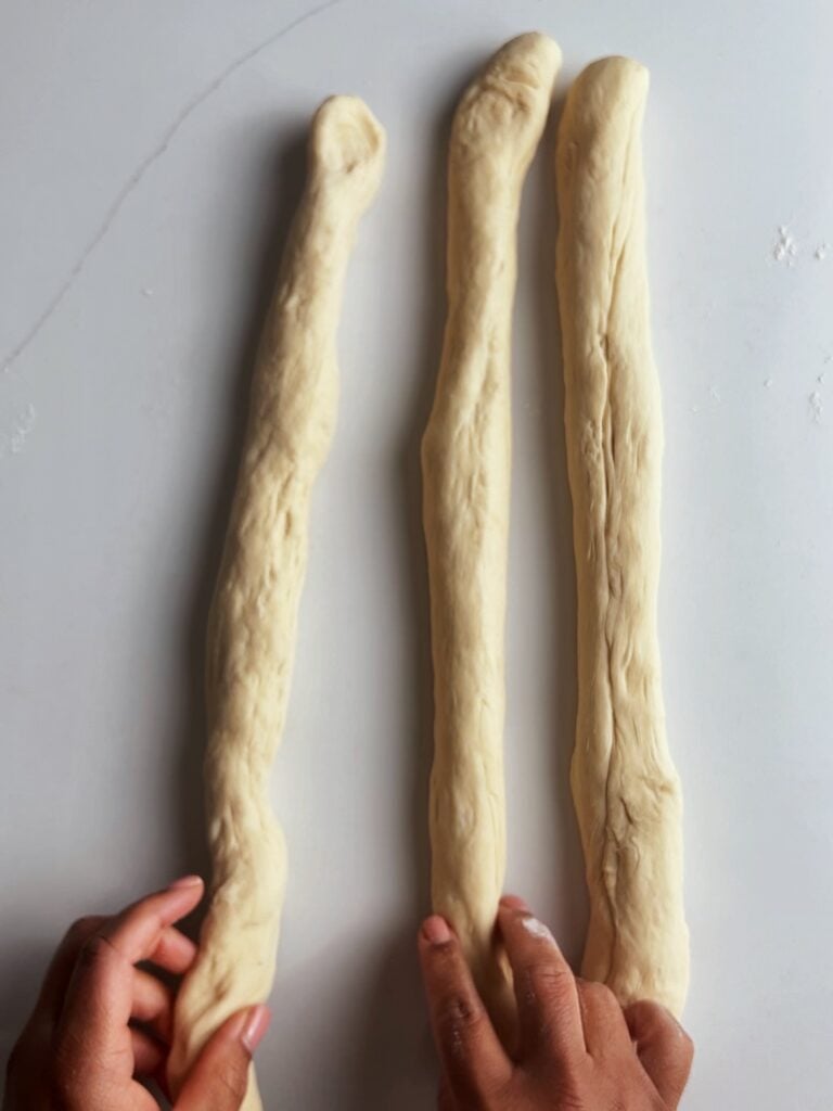 three strips of bread dough