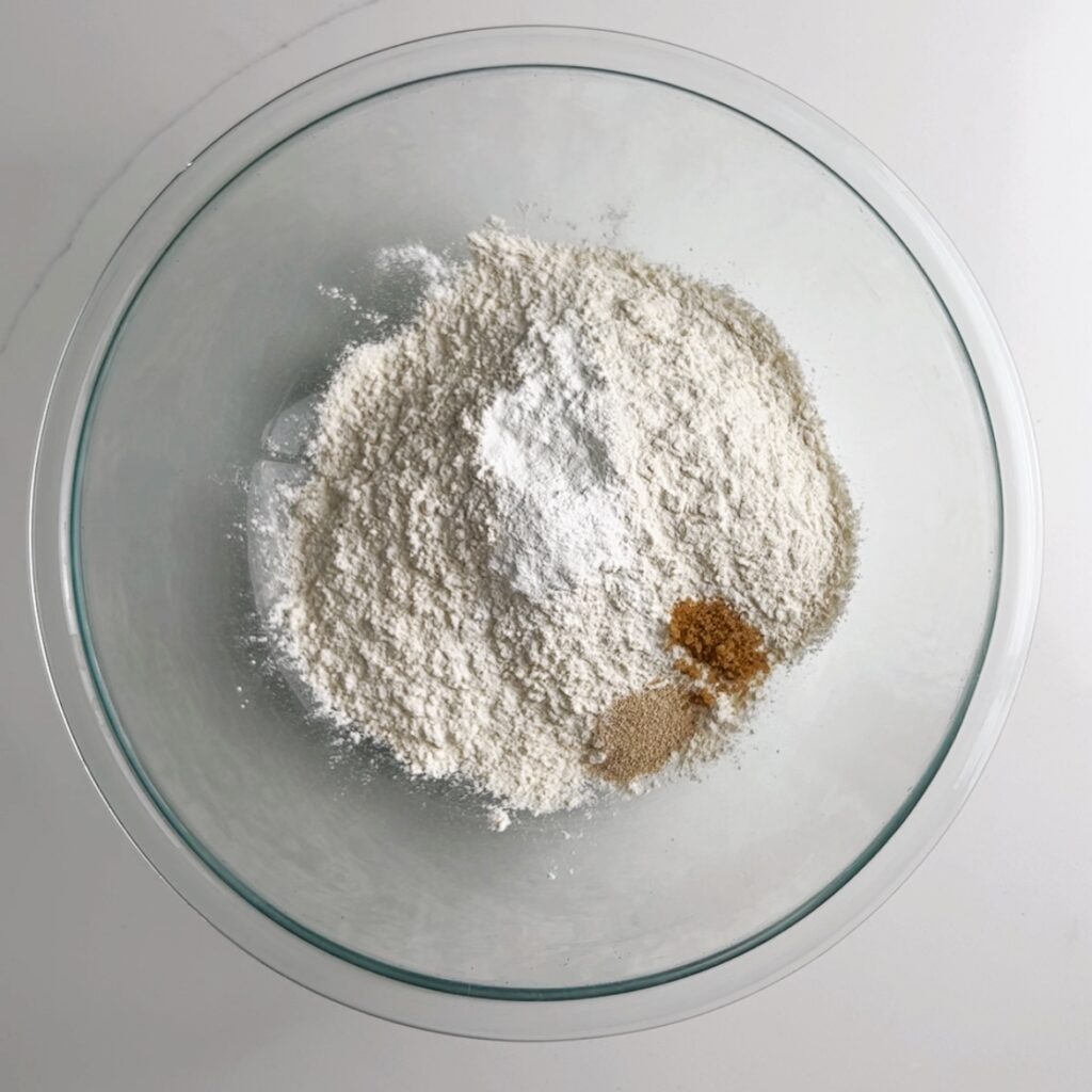 flour, baking powder, salt, sugar and rapid rising yeast in a large mixing bowl
