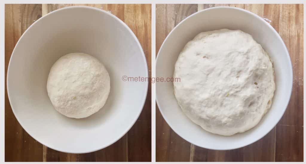 side by side images of dough before and after proof
