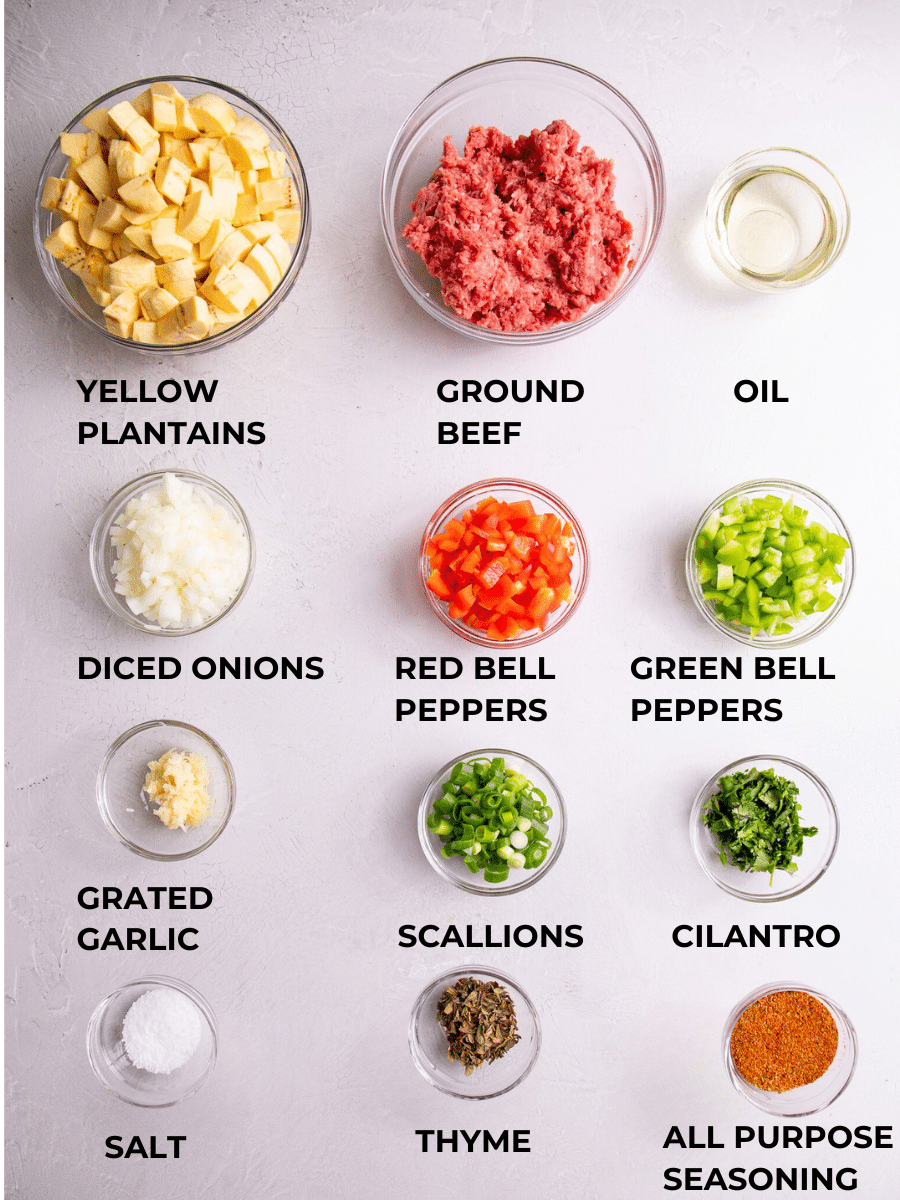 Plantain hash ingredients measured out and labelled