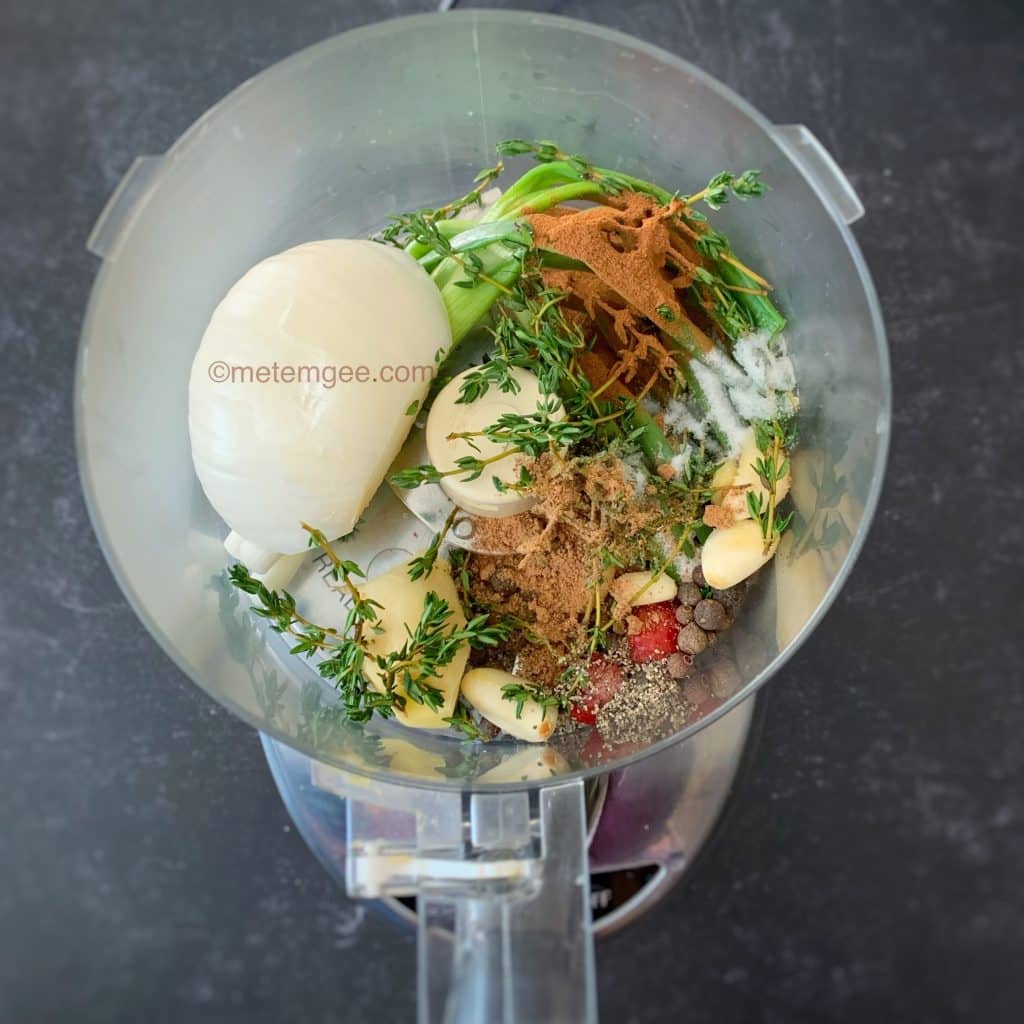 food processor filled with fresh ingredients