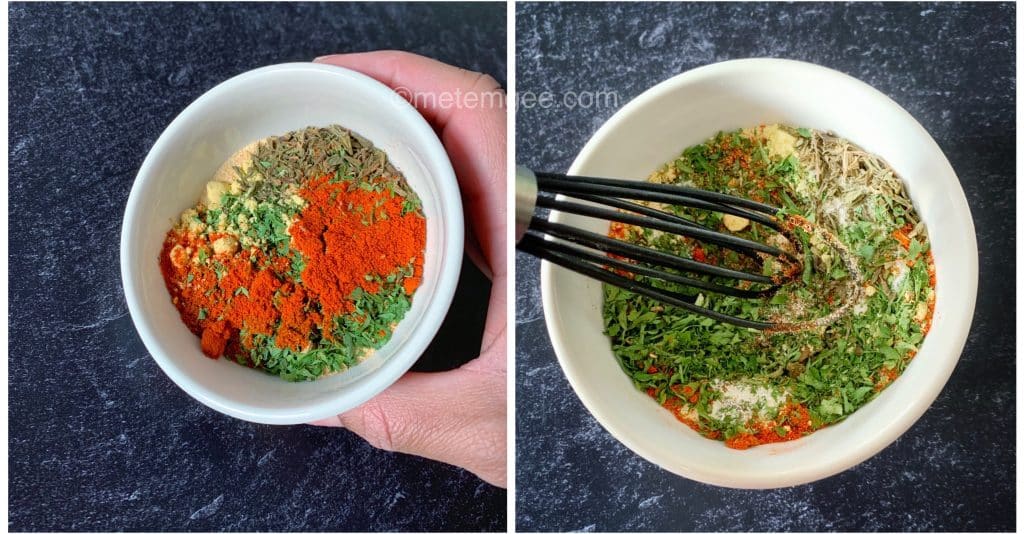 side by side images of a small bowl filled with spices for salmon dry rub, before and after mixing