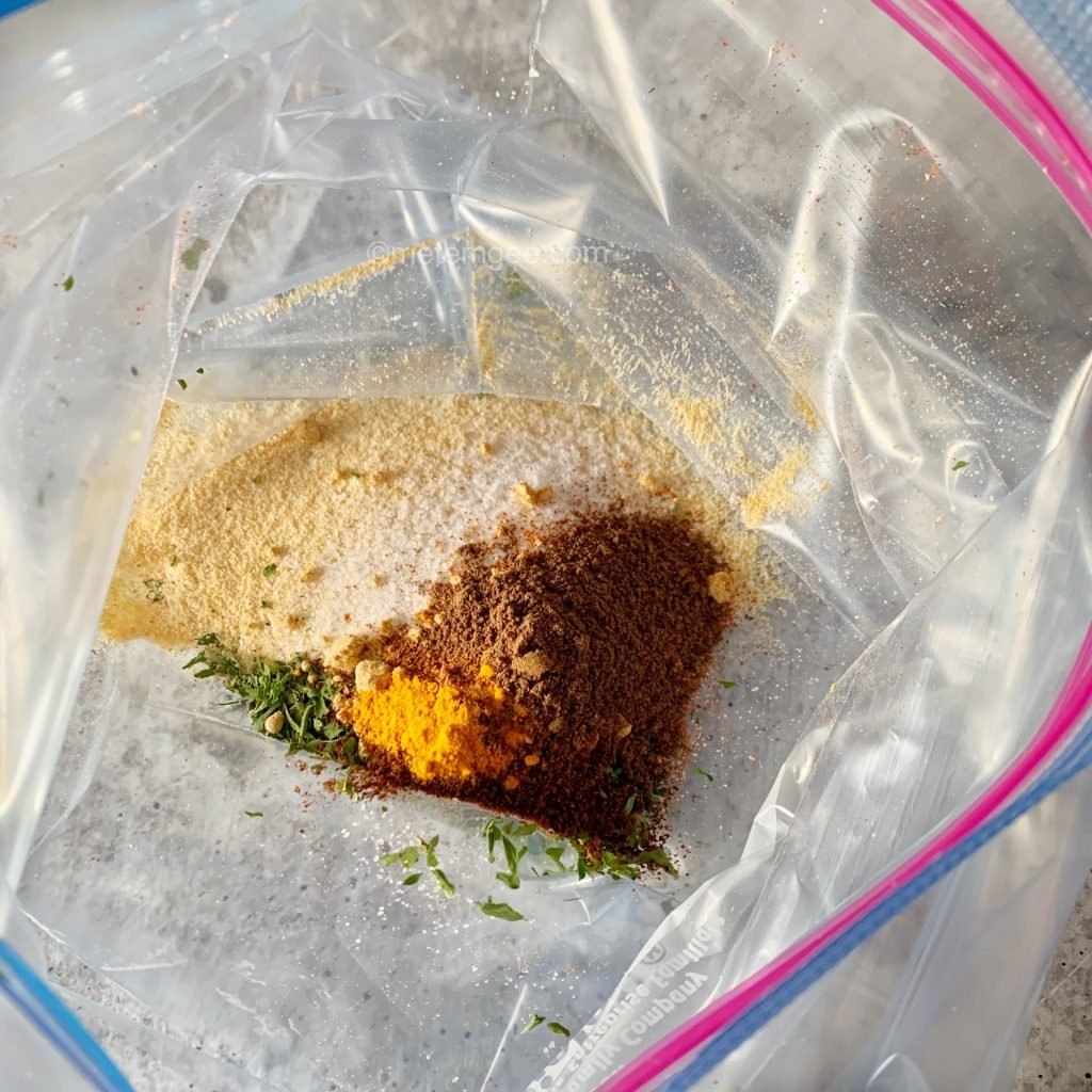 dry spices, herbs, and seasonings in a zip top bag