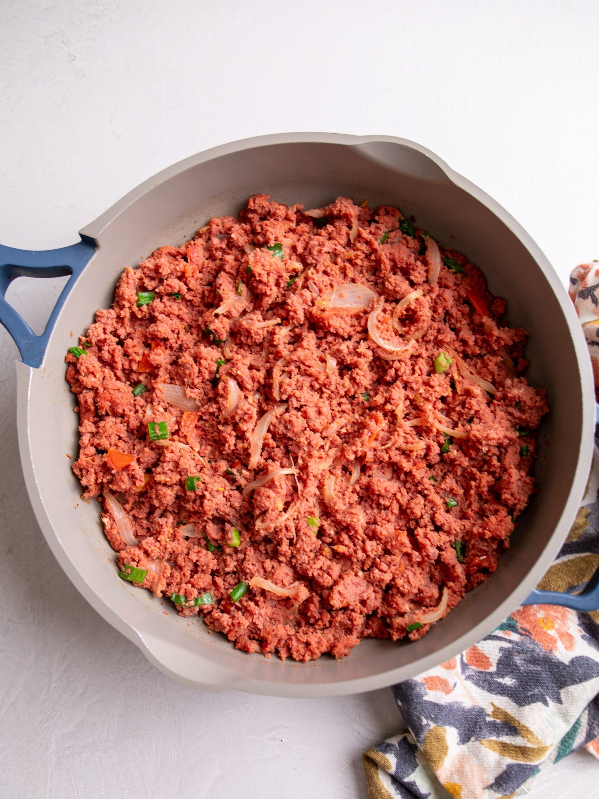 Caribbean Corned beef in a gray skillet!
