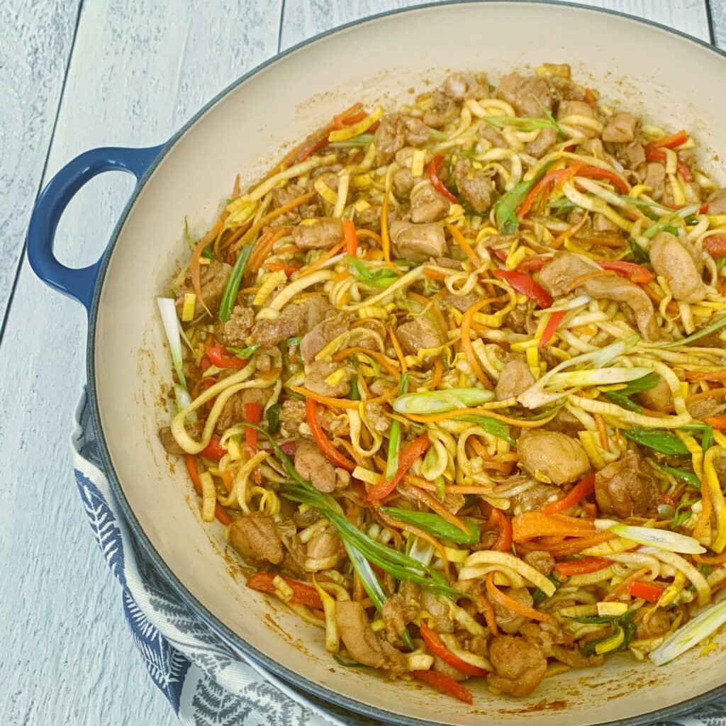 a pot full of Whole30 compliant Chicken Chow Mein