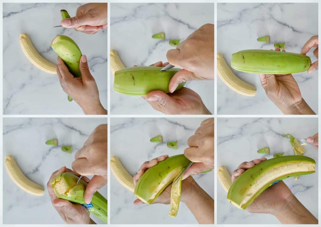 6 images grouped together to illustrate the process of peeling unripe plantains