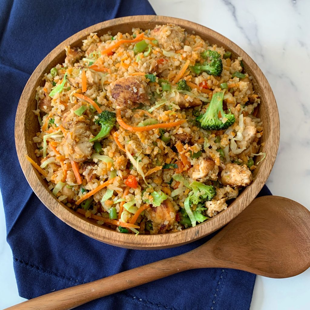 a bowl of veggie fried rice with chicken