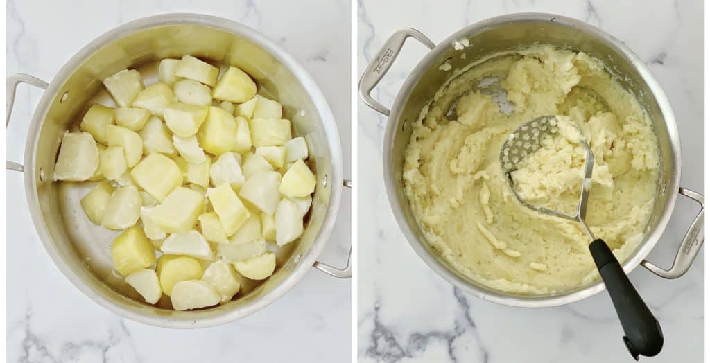 side by side images showing how to mash potatoes for shepherd's pie