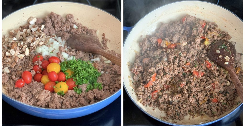 side by side images showing how to cook ground beef and veggies