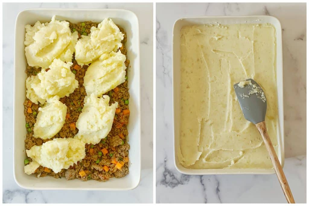 side by side images showing how to assemble shepherd's pie 