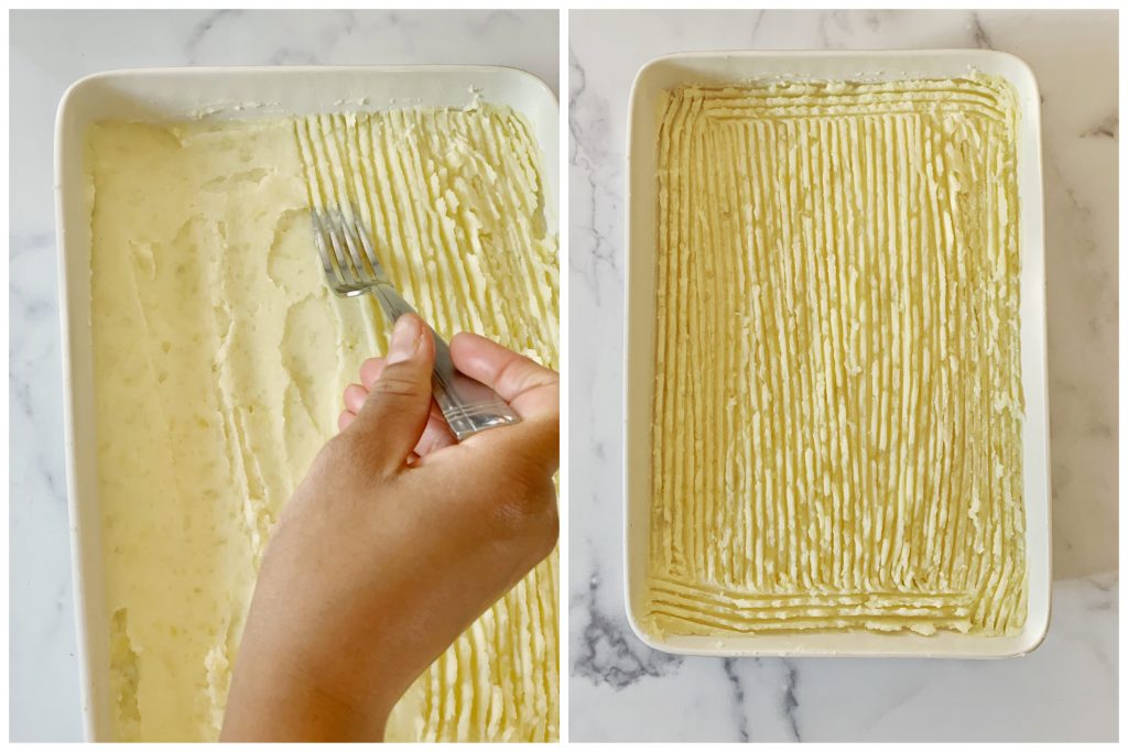 side by side images of a hand scraping the mashed potato topping for added texture
